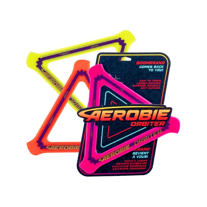 Aerobie Orbiter boomerang with packaging on a white background