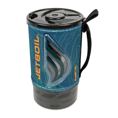 Jetboil coffee maker with blue sleeve on a white background